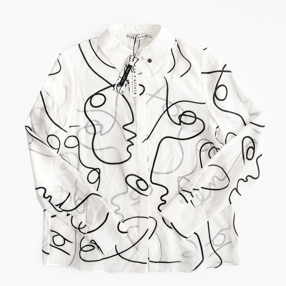 NWT Alice and Olivia a+O Koketit Brady Silk Button Down Blouse White $395 Size S - Picture 2 of 13